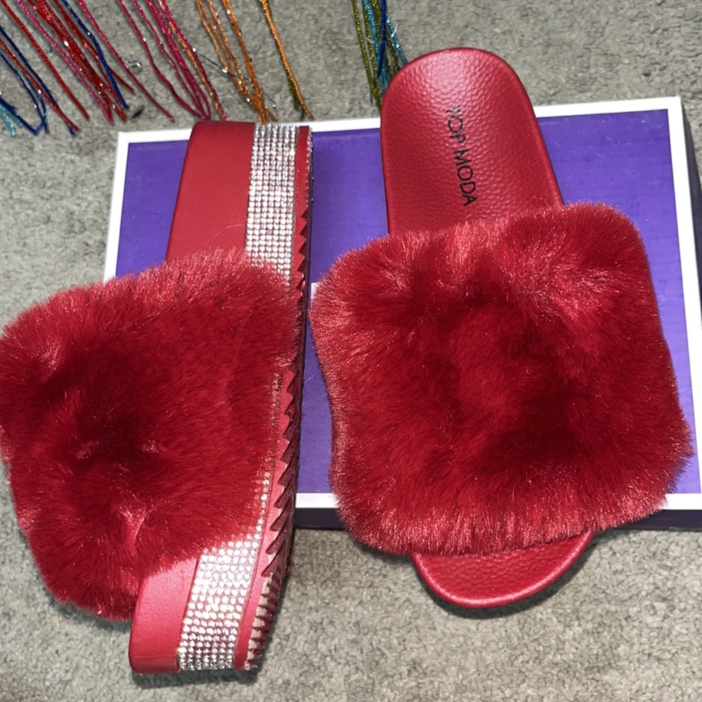 Red sparkly and fluffy sandals!! :)